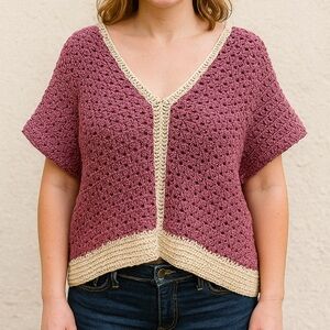 Hand Knit Crochet V-Neck Top